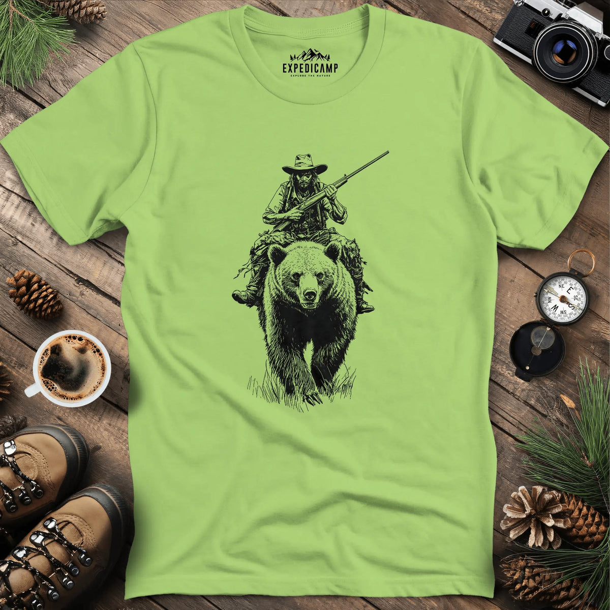 Cowboy Riding Bear T-Shirt – Kiwi – Outdoor apparel for travel, hiking, camping, and nature lovers – ExpediCamp