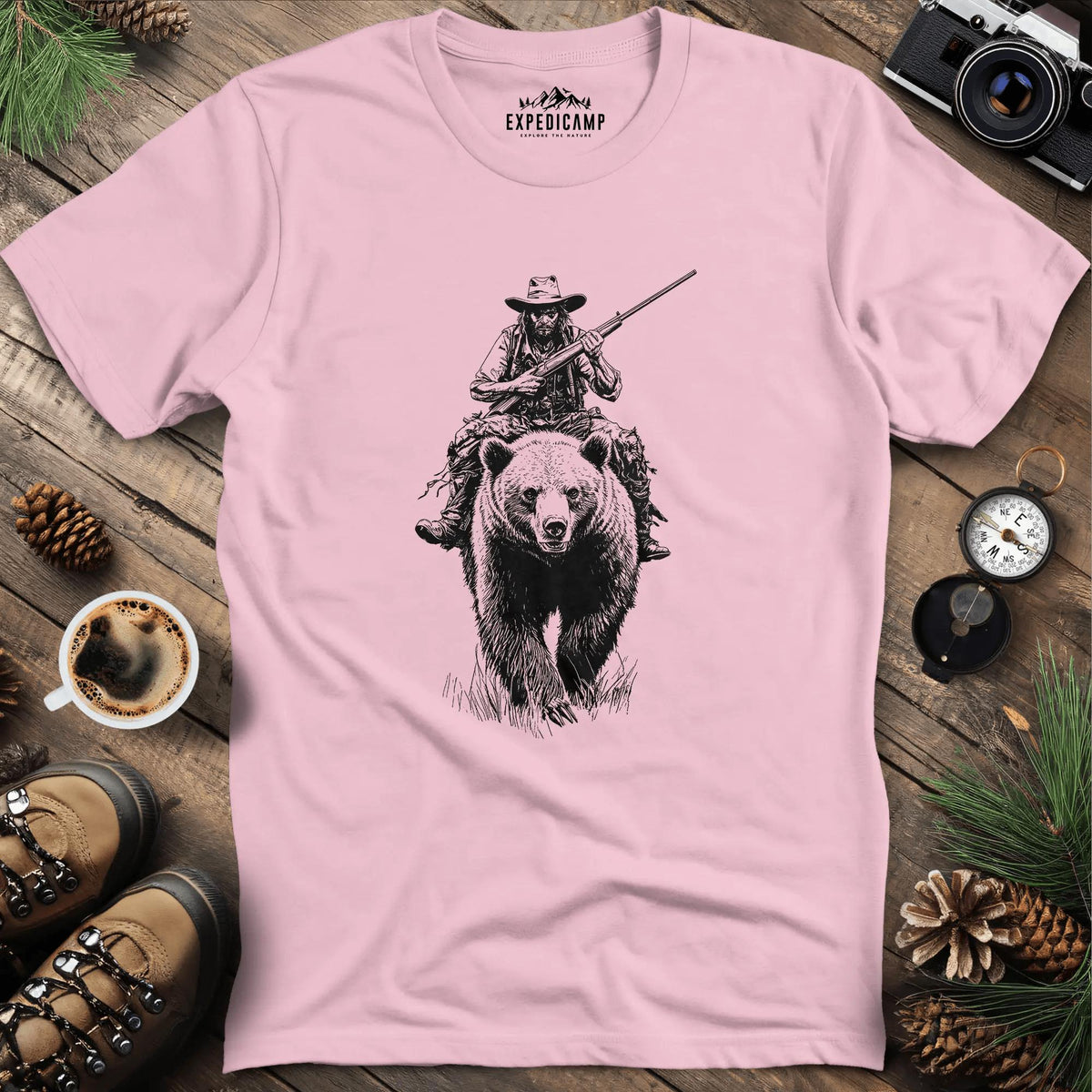 Cowboy Riding Bear T-Shirt – Light Pink – Outdoor apparel for travel, hiking, camping, and nature lovers – ExpediCamp