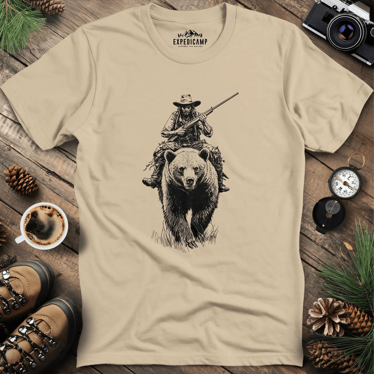 Cowboy Riding Bear T-Shirt – Sand – Outdoor apparel for travel, hiking, camping, and nature lovers – ExpediCamp