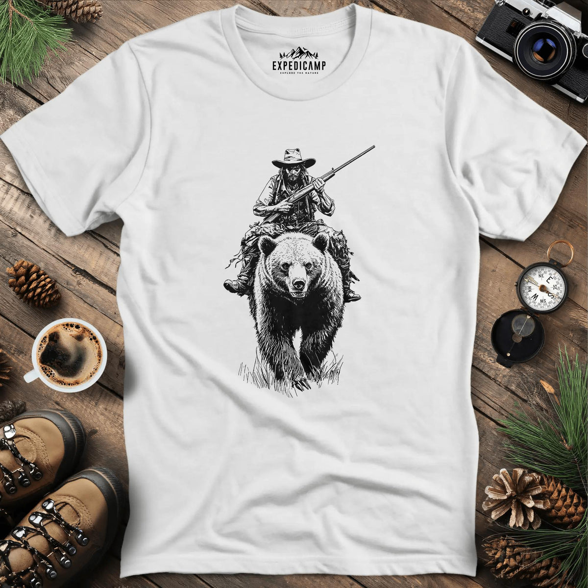 Cowboy Riding Bear T-Shirt – White – Outdoor apparel for travel, hiking, camping, and nature lovers – ExpediCamp