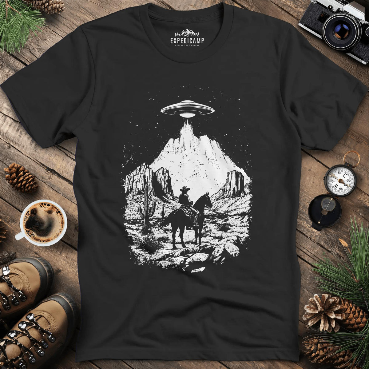 Cowboy UFO T-Shirt – Black – Outdoor apparel for travel, hiking, camping, and nature lovers – ExpediCamp