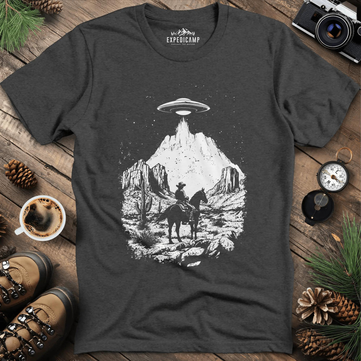 Cowboy UFO T-Shirt – Dark Heather – Outdoor apparel for travel, hiking, camping, and nature lovers – ExpediCamp