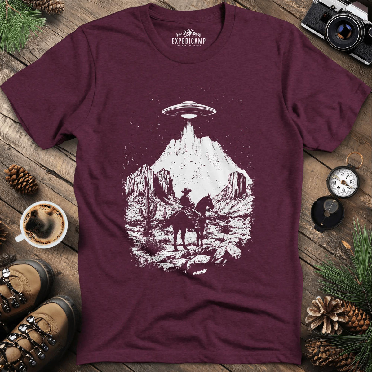 Cowboy UFO T-Shirt – Heather Maroon – Outdoor apparel for travel, hiking, camping, and nature lovers – ExpediCamp