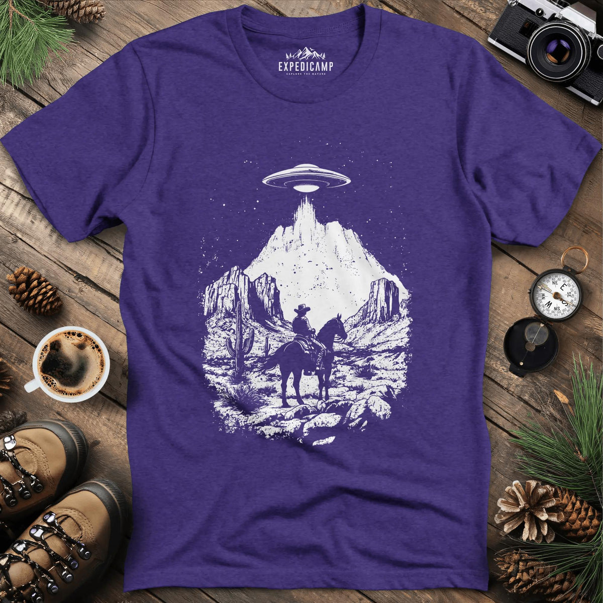 Cowboy UFO T-Shirt – Heather Purple – Outdoor apparel for travel, hiking, camping, and nature lovers – ExpediCamp