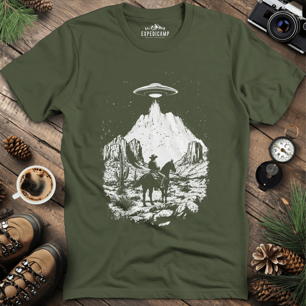 Cowboy UFO T-Shirt – Military Green – Outdoor apparel for travel, hiking, camping, and nature lovers – ExpediCamp