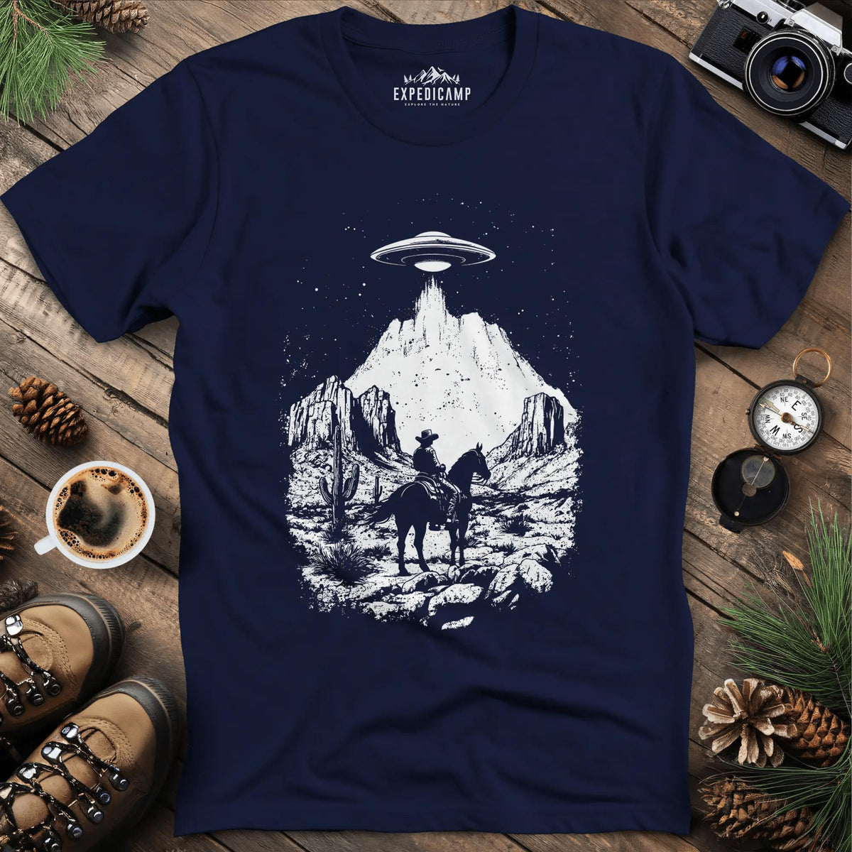 Cowboy UFO T-Shirt – Navy – Outdoor apparel for travel, hiking, camping, and nature lovers – ExpediCamp