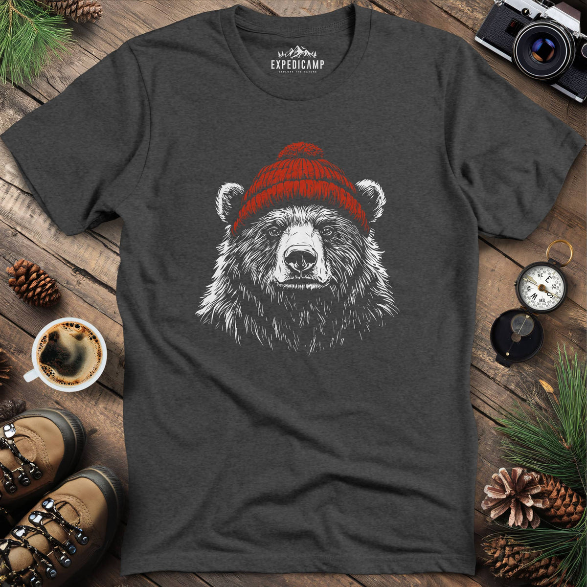 Cozy Beanie Bear T-Shirt – Dark Heather – Outdoor apparel for travel, hiking, camping, and nature lovers – ExpediCamp