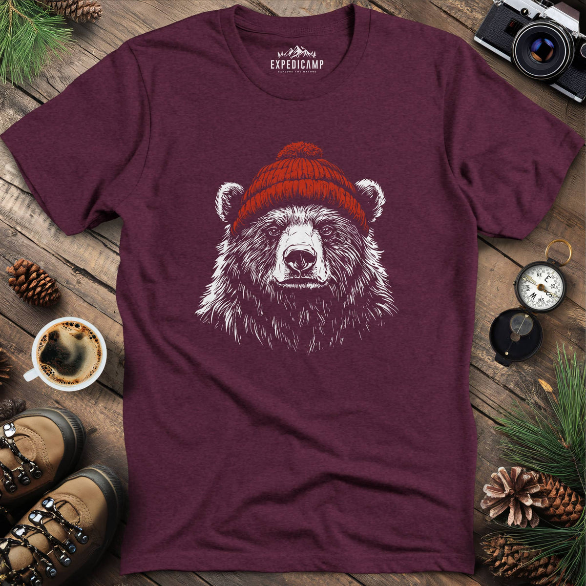 Cozy Beanie Bear T-Shirt – Heather Maroon – Outdoor apparel for travel, hiking, camping, and nature lovers – ExpediCamp