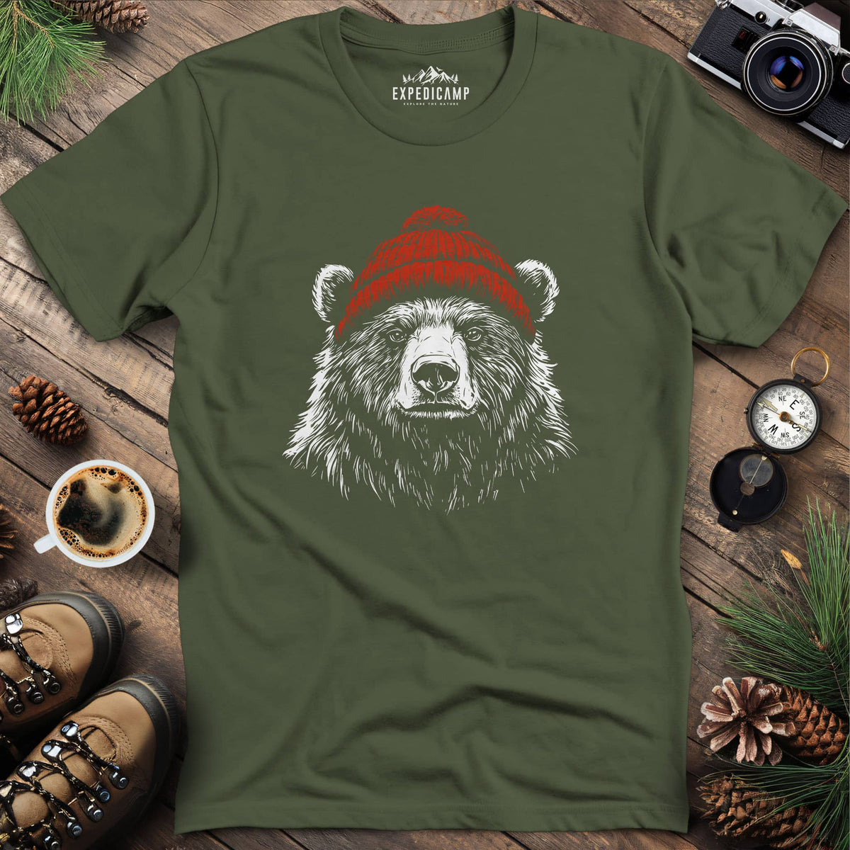 Cozy Beanie Bear T-Shirt – Military Green – Outdoor apparel for travel, hiking, camping, and nature lovers – ExpediCamp