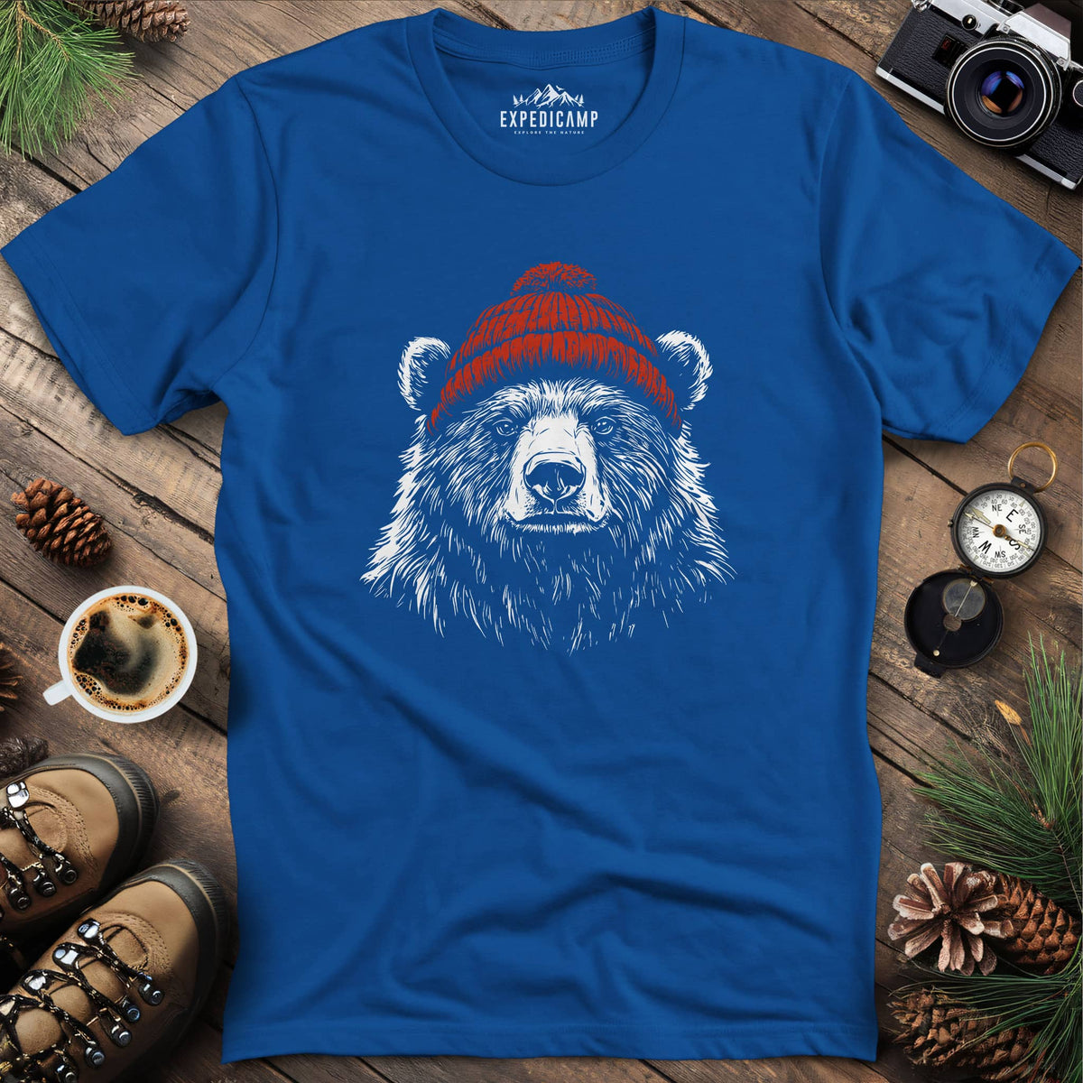 Cozy Beanie Bear T-Shirt – Royal – Outdoor apparel for travel, hiking, camping, and nature lovers – ExpediCamp