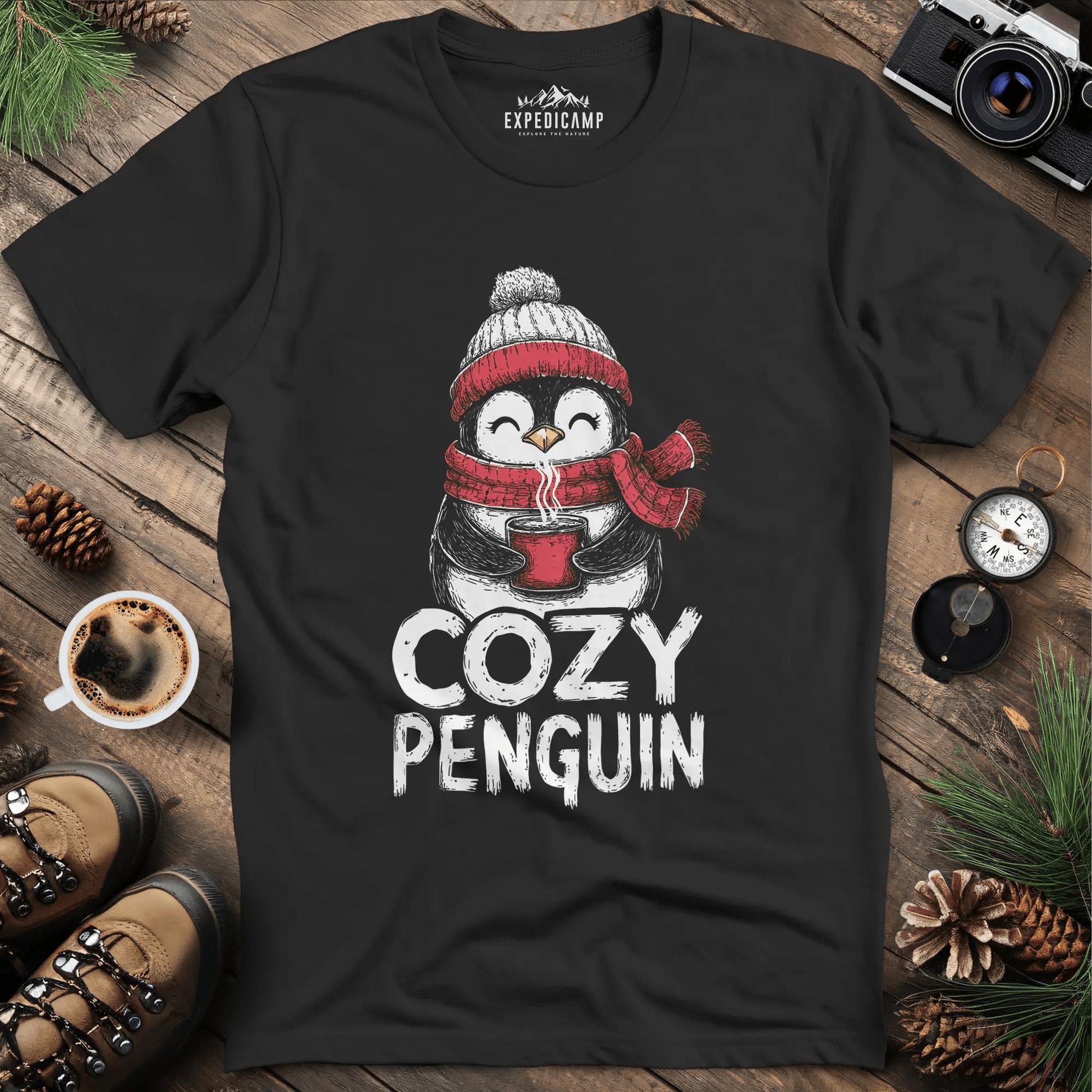Cozy Penguin T-Shirt – Black – Outdoor apparel for travel, hiking, camping, and nature lovers – ExpediCamp