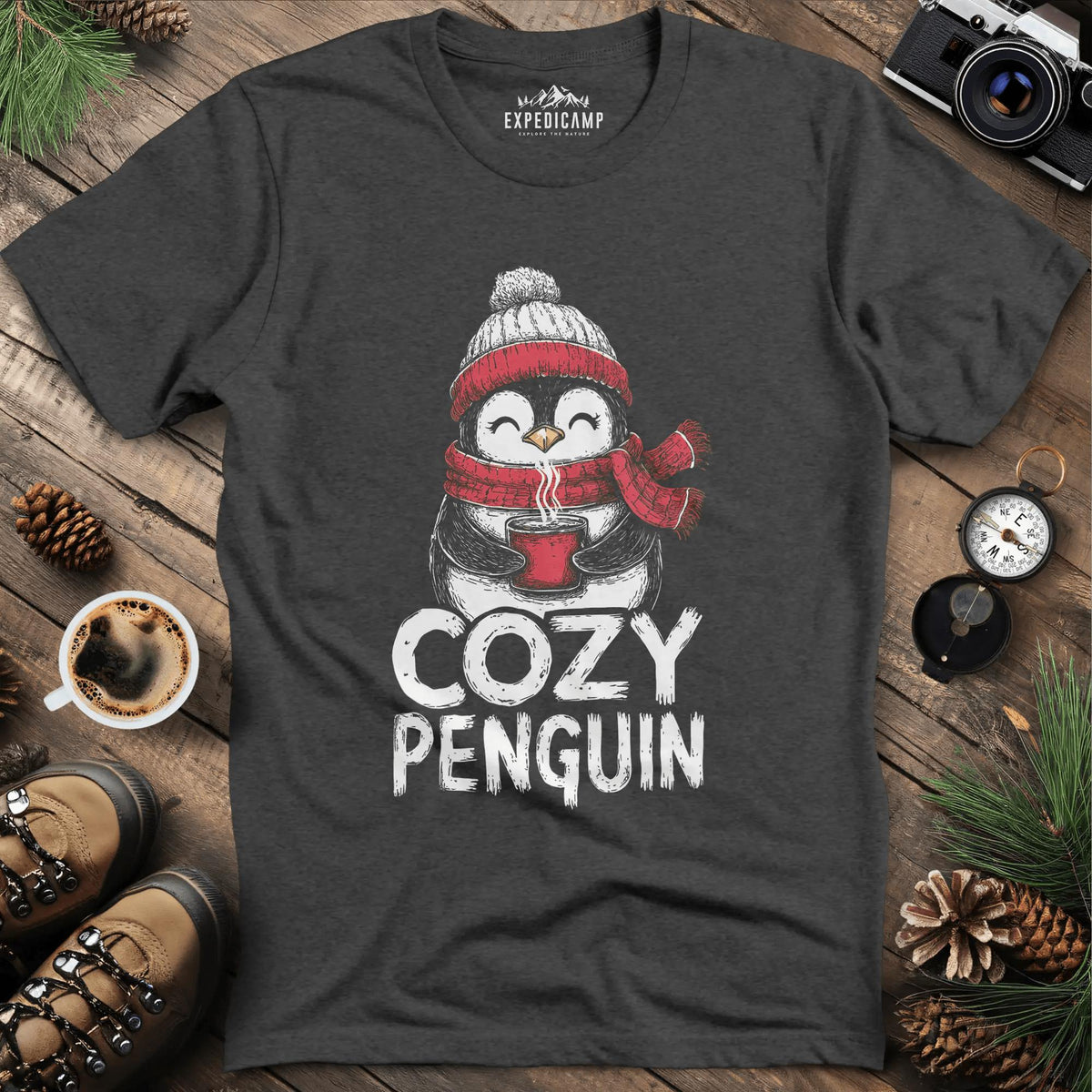 Cozy Penguin T-Shirt – Dark Heather – Outdoor apparel for travel, hiking, camping, and nature lovers – ExpediCamp