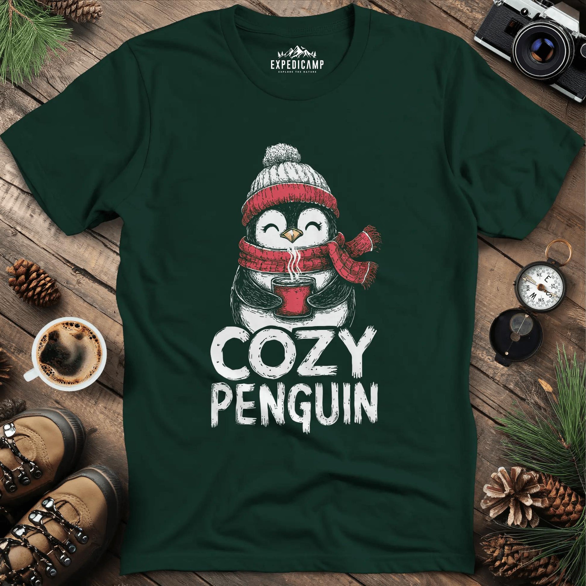 Cozy Penguin T-Shirt – Forest Green – Outdoor apparel for travel, hiking, camping, and nature lovers – ExpediCamp