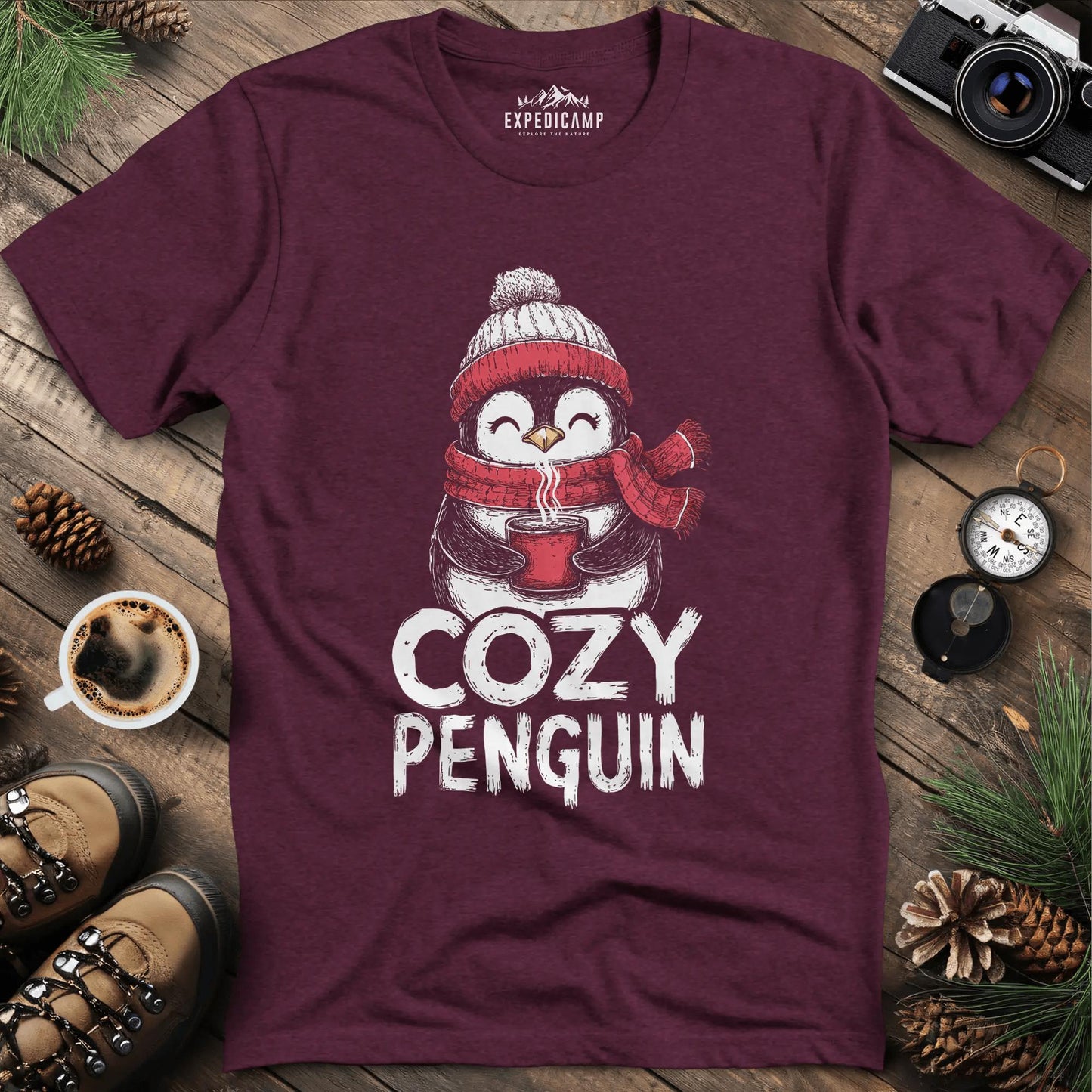 Cozy Penguin T-Shirt – Heather Maroon – Outdoor apparel for travel, hiking, camping, and nature lovers – ExpediCamp