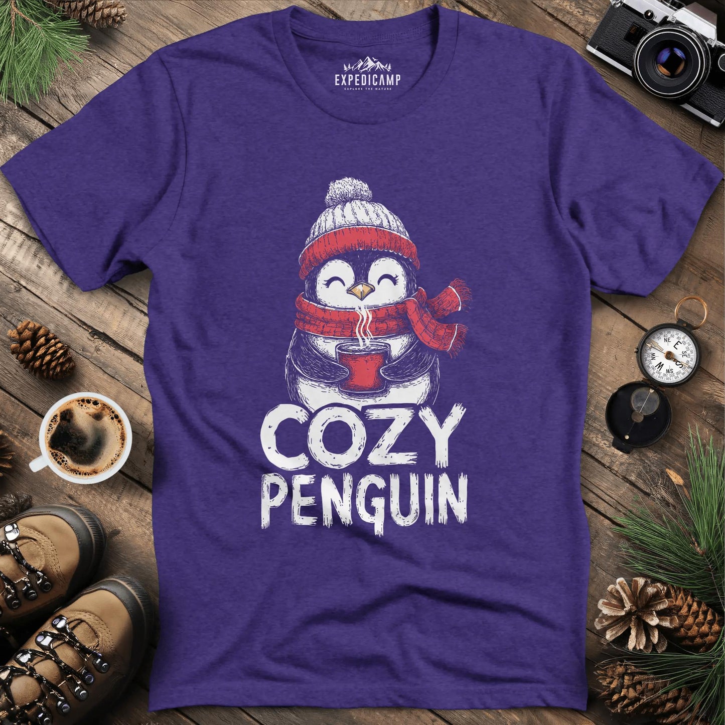 Cozy Penguin T-Shirt – Heather Purple – Outdoor apparel for travel, hiking, camping, and nature lovers – ExpediCamp