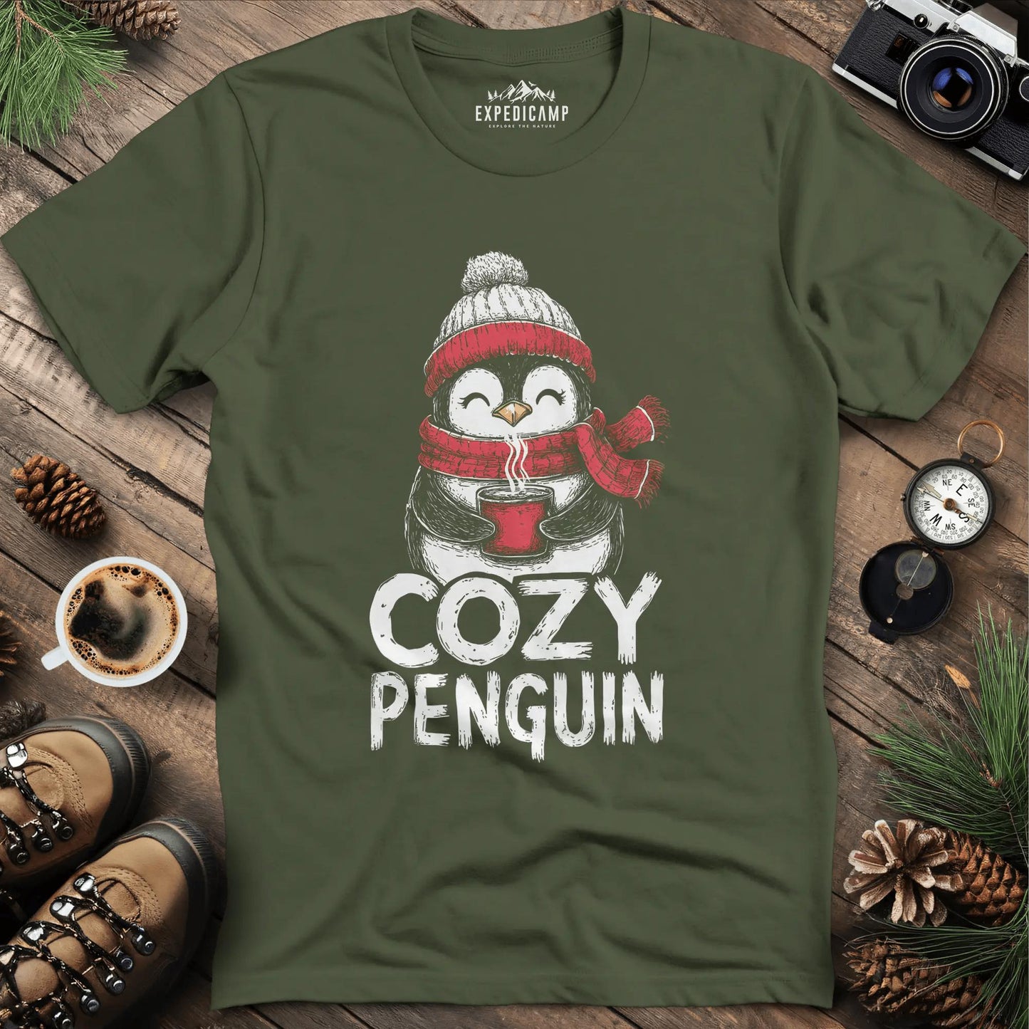 Cozy Penguin T-Shirt – Military Green – Outdoor apparel for travel, hiking, camping, and nature lovers – ExpediCamp