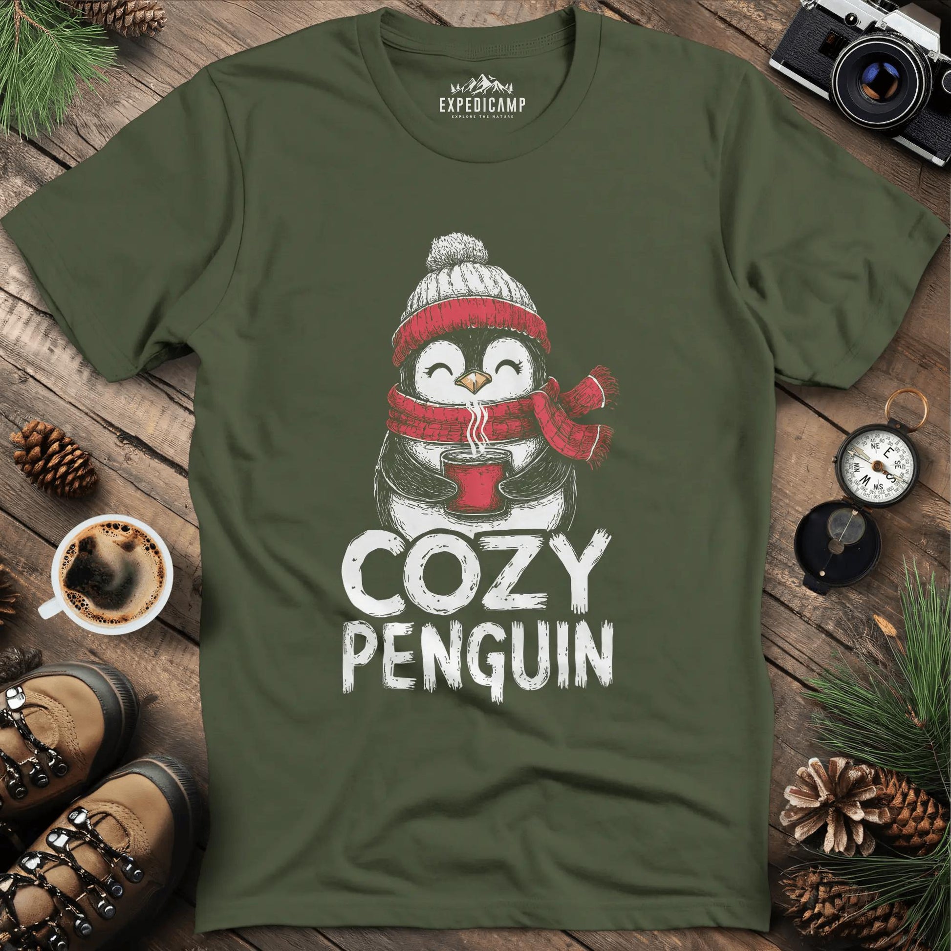 Cozy Penguin T-Shirt – Military Green – Outdoor apparel for travel, hiking, camping, and nature lovers – ExpediCamp