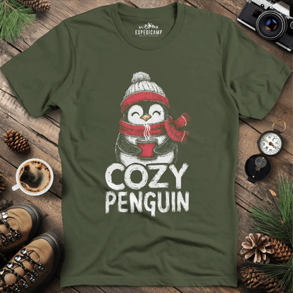 Cozy Penguin T-Shirt – Military Green – Outdoor apparel for travel, hiking, camping, and nature lovers – ExpediCamp