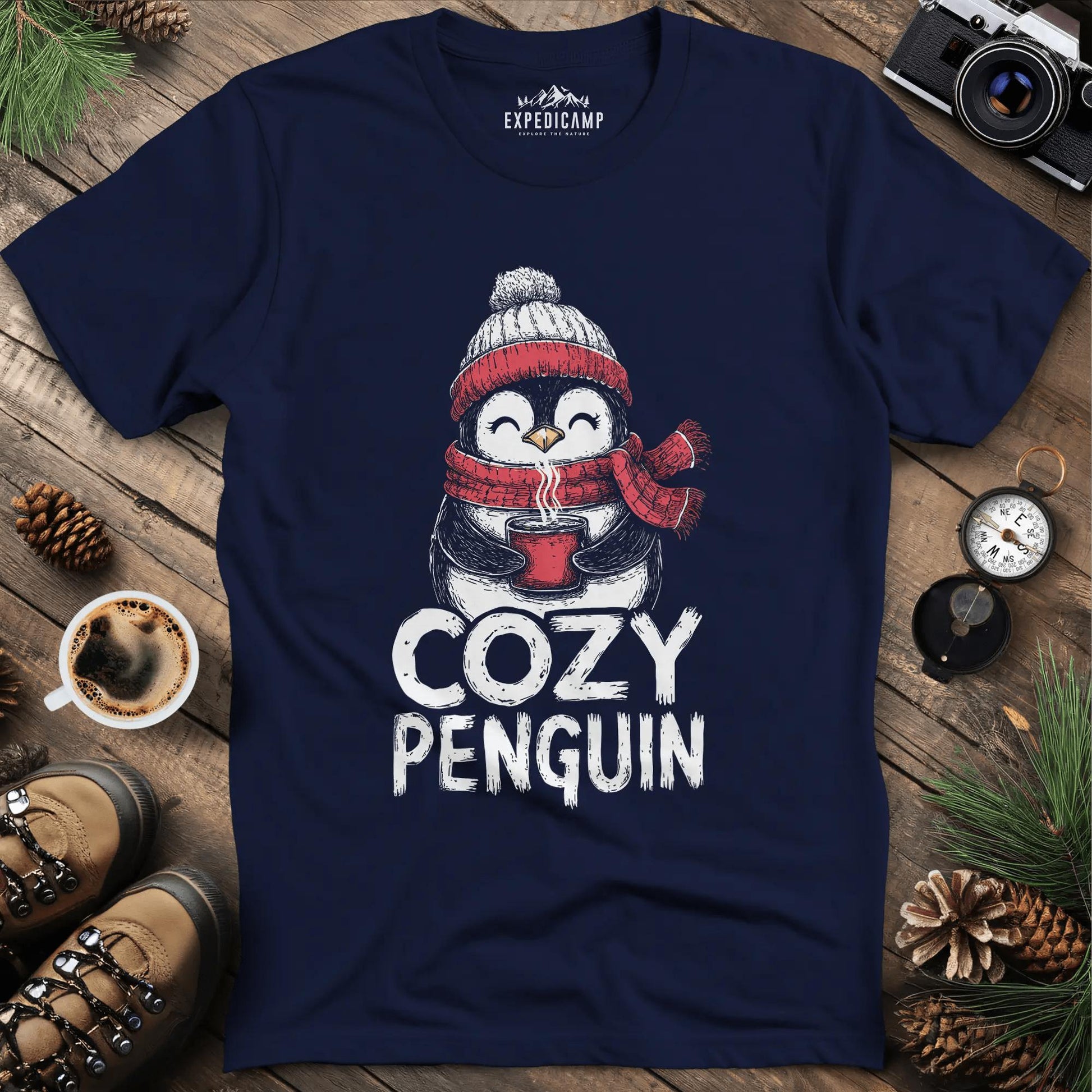 Cozy Penguin T-Shirt – Navy – Outdoor apparel for travel, hiking, camping, and nature lovers – ExpediCamp