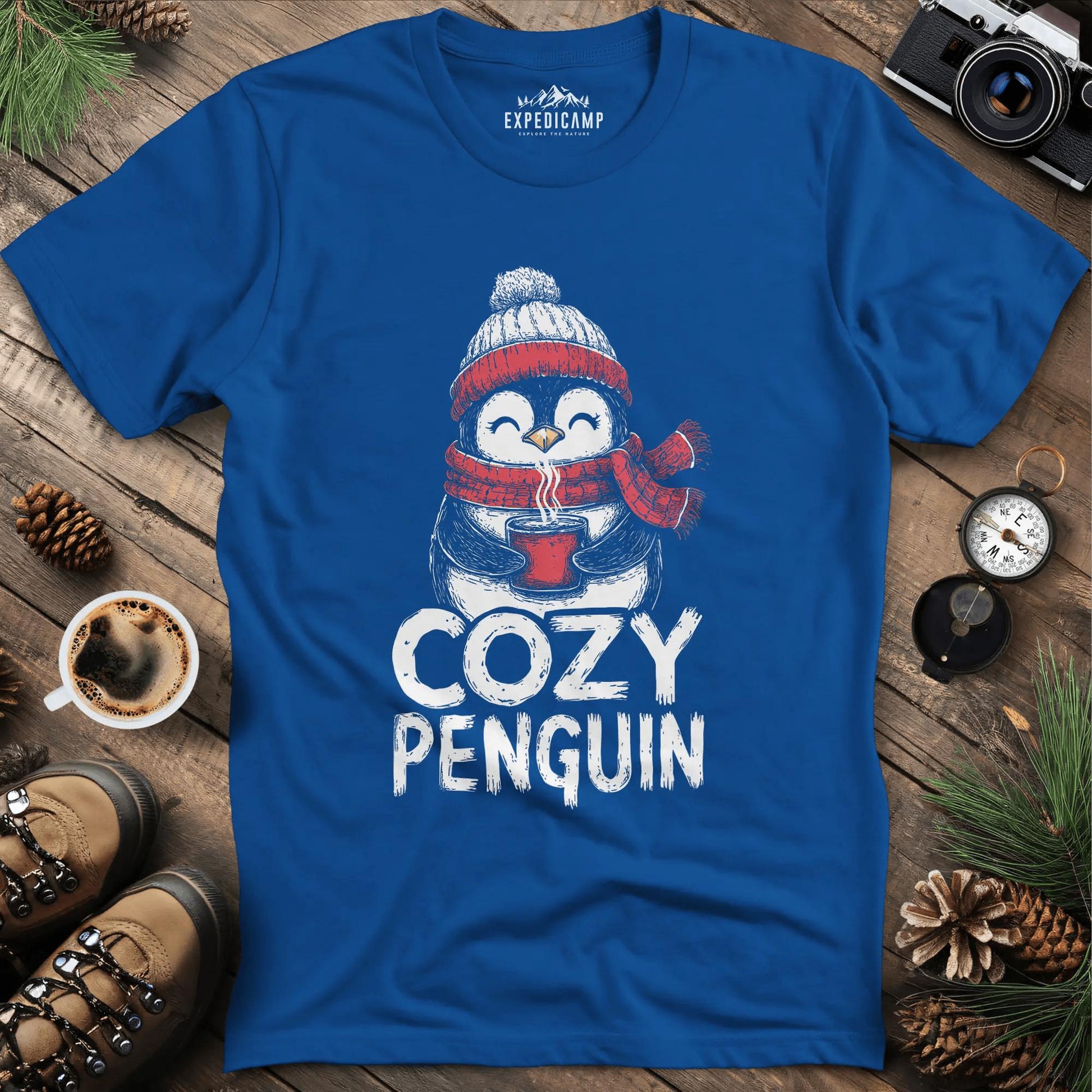Cozy Penguin T-Shirt – Royal – Outdoor apparel for travel, hiking, camping, and nature lovers – ExpediCamp