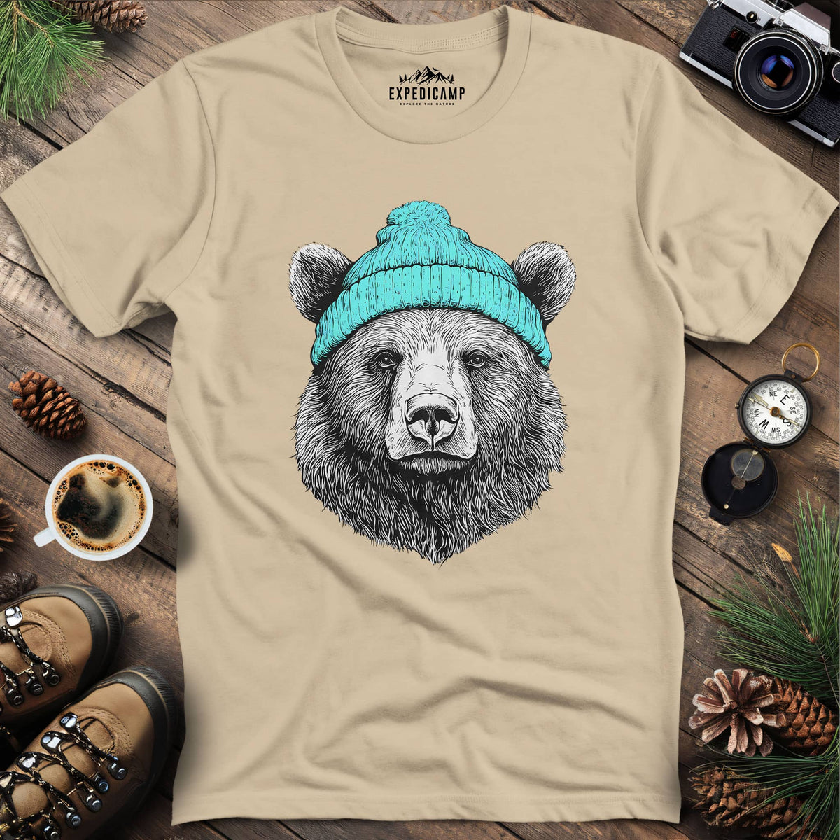 Cozy Winter Bear T-Shirt – Sand – Outdoor apparel for travel, hiking, camping, and nature lovers – ExpediCamp