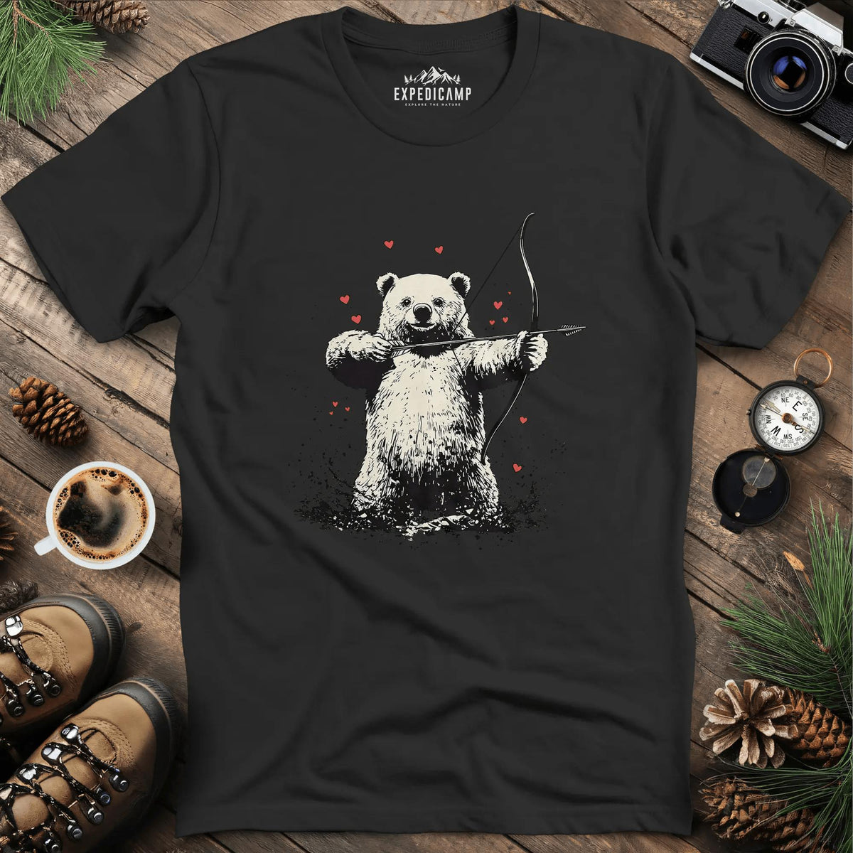 Cupid Bear Valentine T-Shirt – Black – Outdoor apparel for travel, hiking, camping, and nature lovers – ExpediCamp