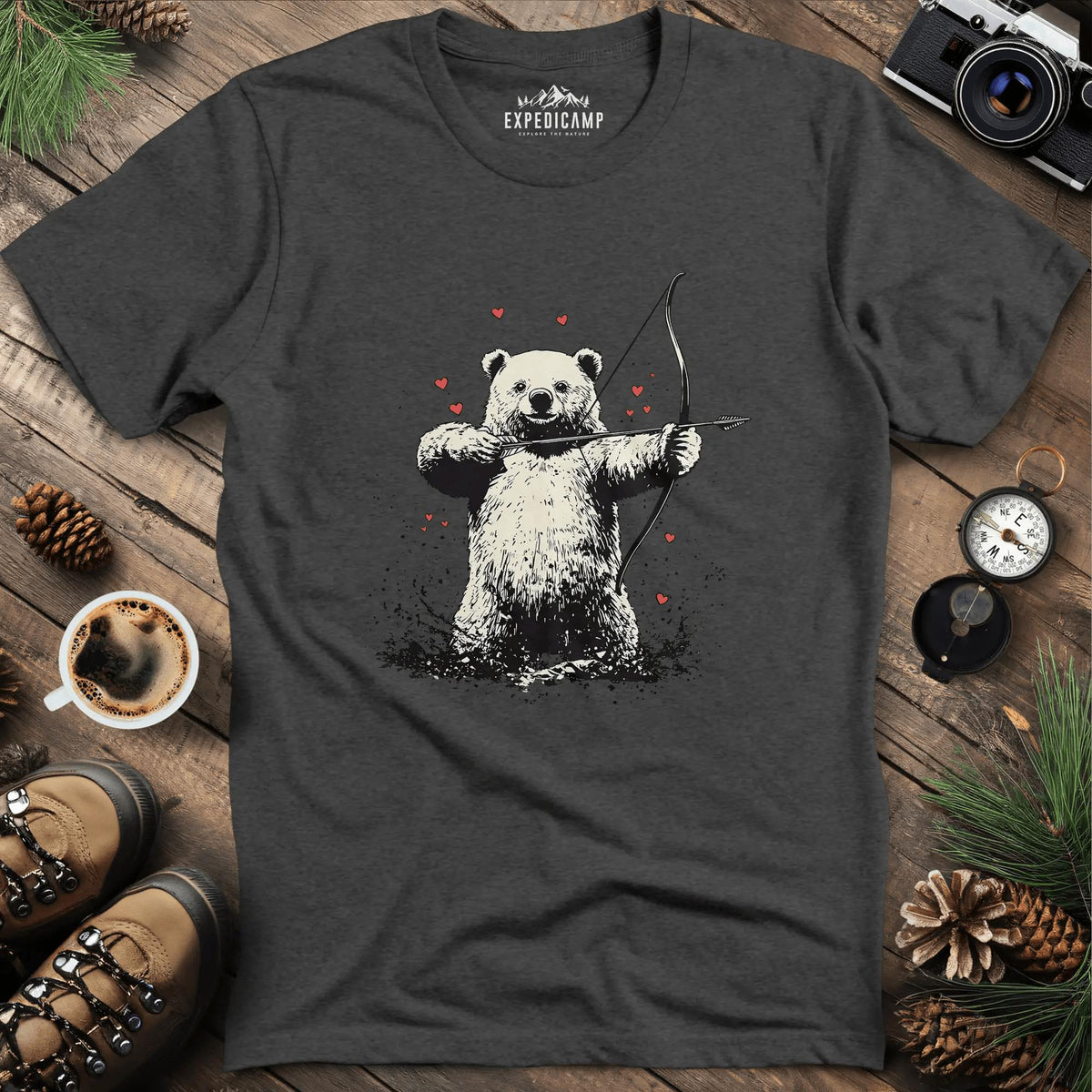 Cupid Bear Valentine T-Shirt – Dark Heather – Outdoor apparel for travel, hiking, camping, and nature lovers – ExpediCamp