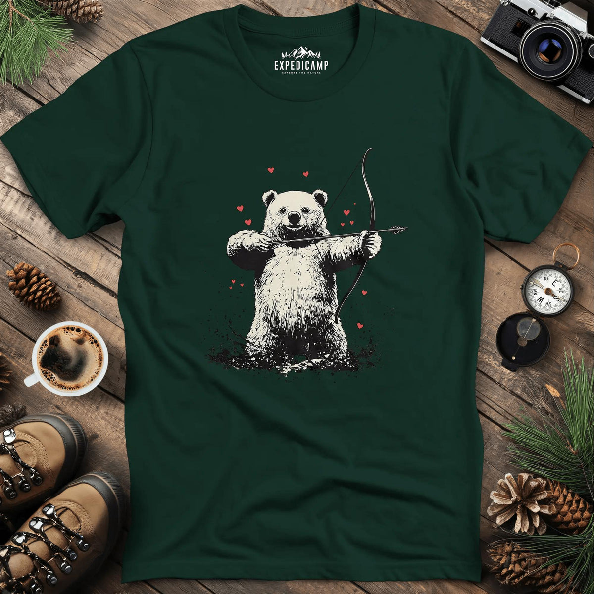 Cupid Bear Valentine T-Shirt – Forest Green – Outdoor apparel for travel, hiking, camping, and nature lovers – ExpediCamp