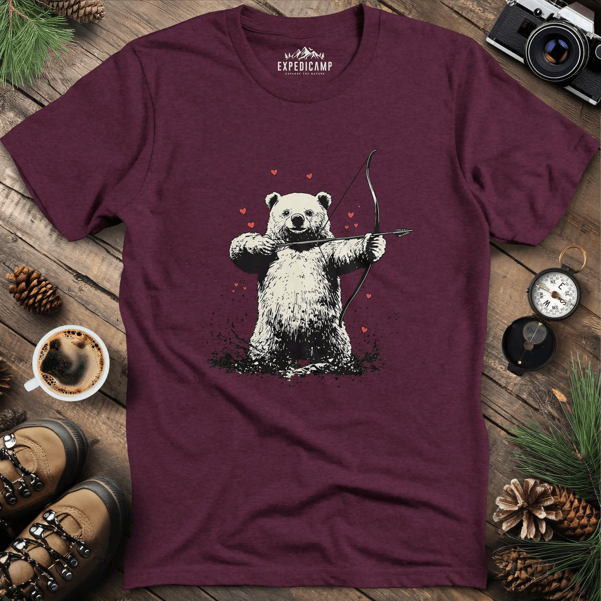 Cupid Bear Valentine T-Shirt – Heather Maroon – Outdoor apparel for travel, hiking, camping, and nature lovers – ExpediCamp