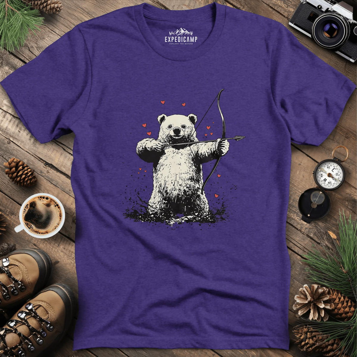 Cupid Bear Valentine T-Shirt – Heather Purple – Outdoor apparel for travel, hiking, camping, and nature lovers – ExpediCamp