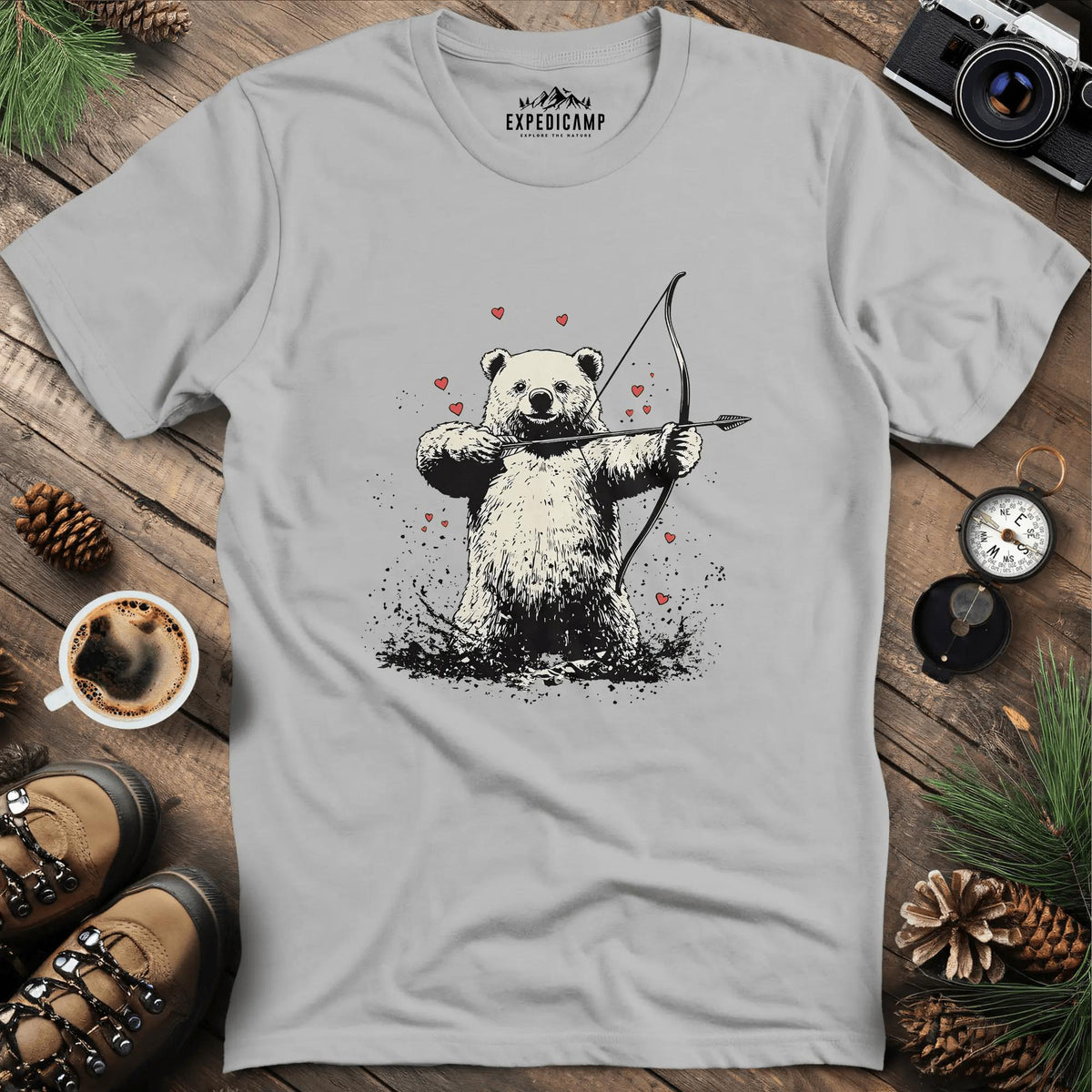 Cupid Bear Valentine T-Shirt – Ice Grey – Outdoor apparel for travel, hiking, camping, and nature lovers – ExpediCamp