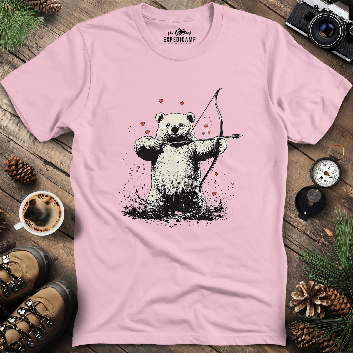 Cupid Bear Valentine T-Shirt – Light Pink – Outdoor apparel for travel, hiking, camping, and nature lovers – ExpediCamp