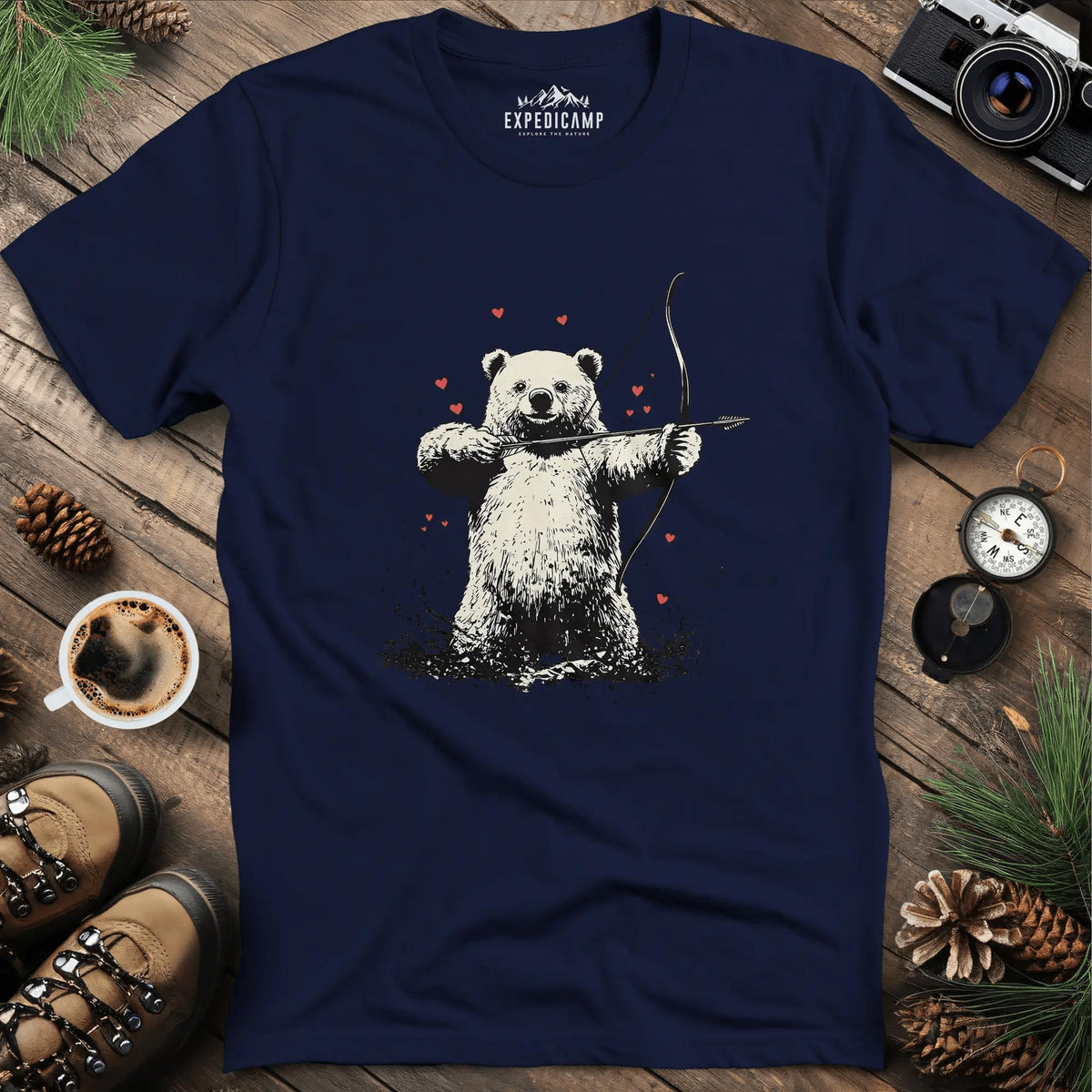 Cupid Bear Valentine T-Shirt – Navy – Outdoor apparel for travel, hiking, camping, and nature lovers – ExpediCamp