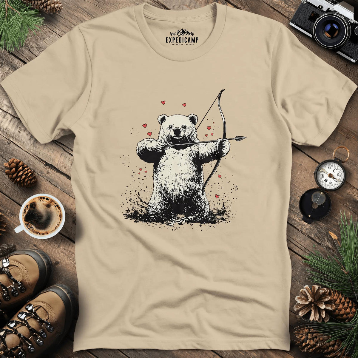 Cupid Bear Valentine T-Shirt – Sand – Outdoor apparel for travel, hiking, camping, and nature lovers – ExpediCamp