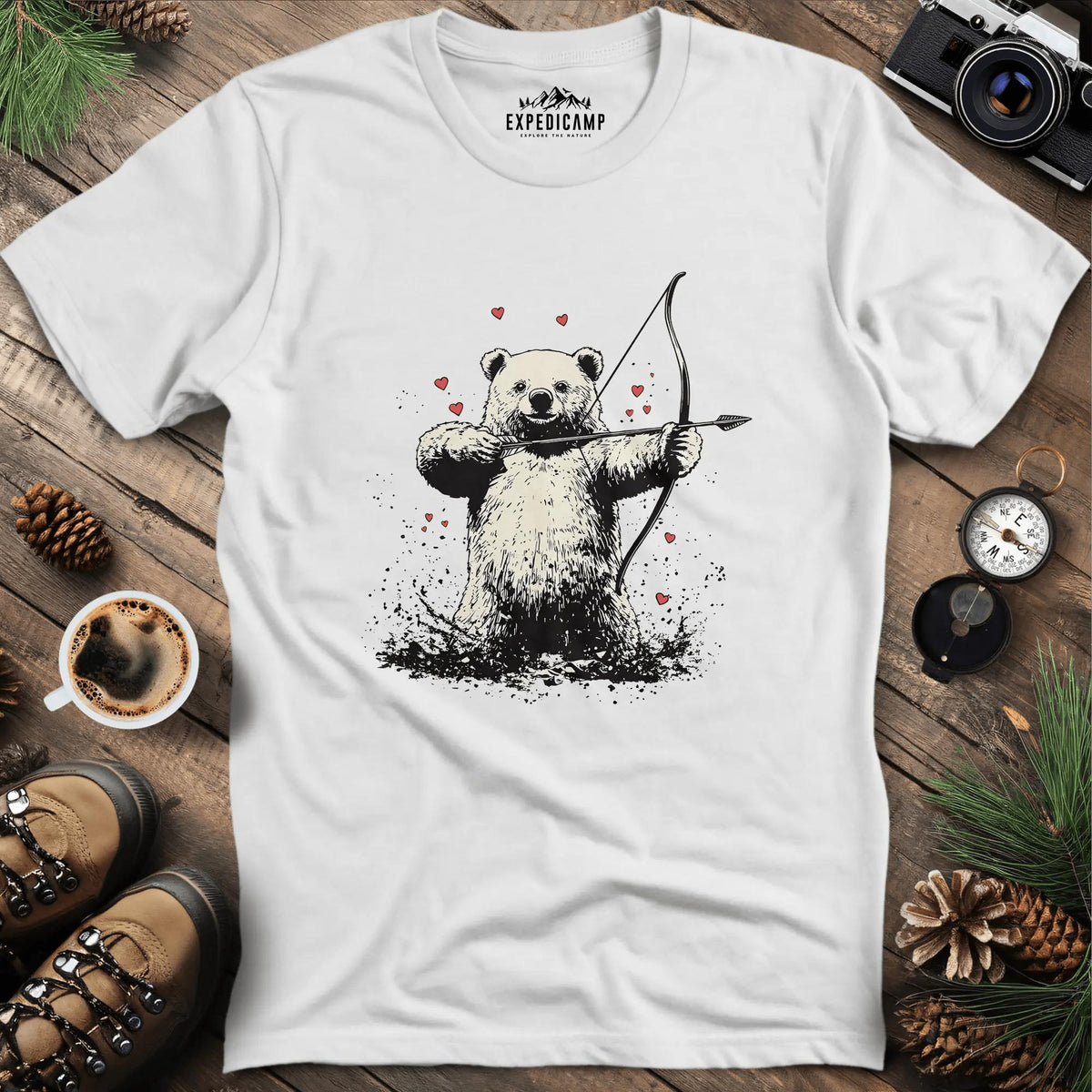Cupid Bear Valentine T-Shirt – White – Outdoor apparel for travel, hiking, camping, and nature lovers – ExpediCamp