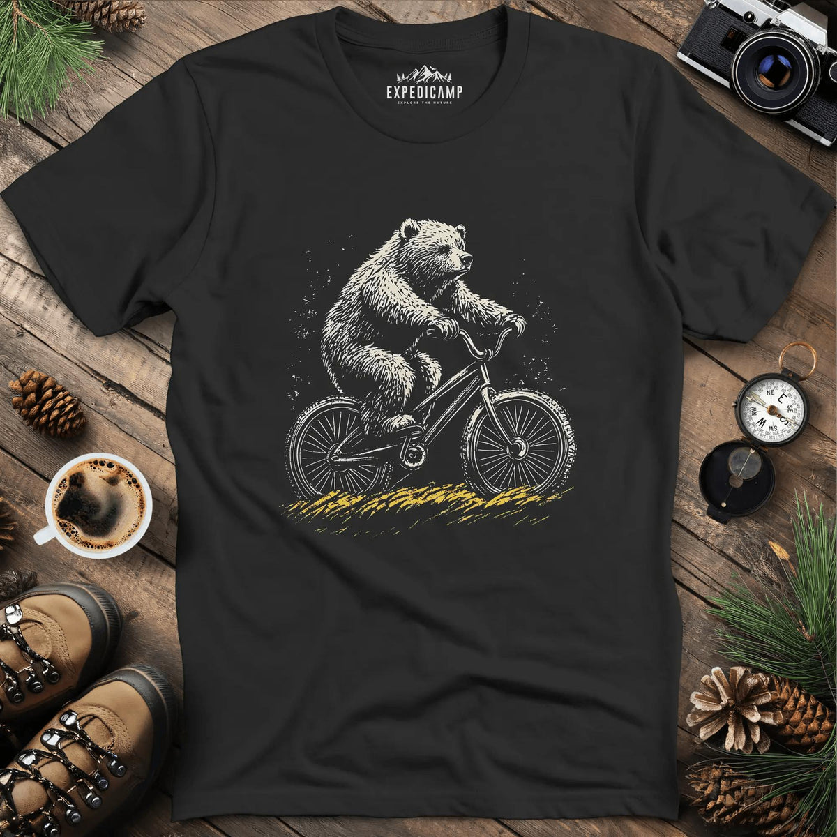 Cycling Bear Adventure T-Shirt – Black – Outdoor apparel for travel, hiking, camping, and nature lovers – ExpediCamp