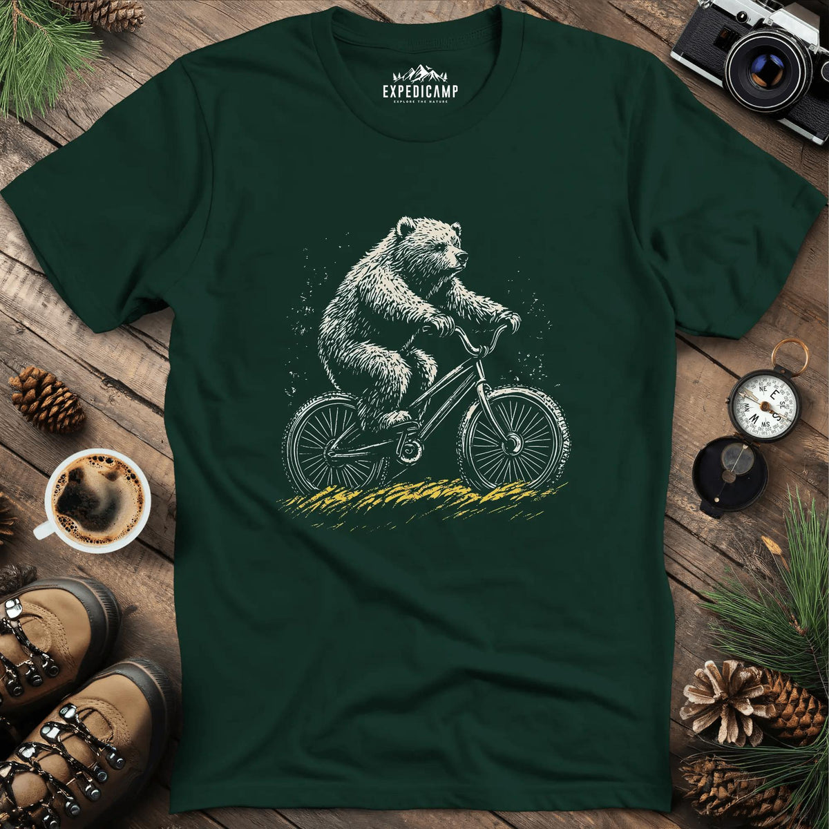 Cycling Bear Adventure T-Shirt – Forest Green – Outdoor apparel for travel, hiking, camping, and nature lovers – ExpediCamp