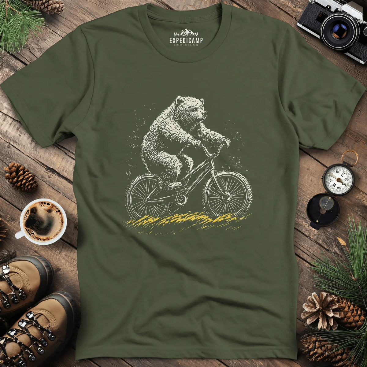 Cycling Bear Adventure T-Shirt – Military Green – Outdoor apparel for travel, hiking, camping, and nature lovers – ExpediCamp