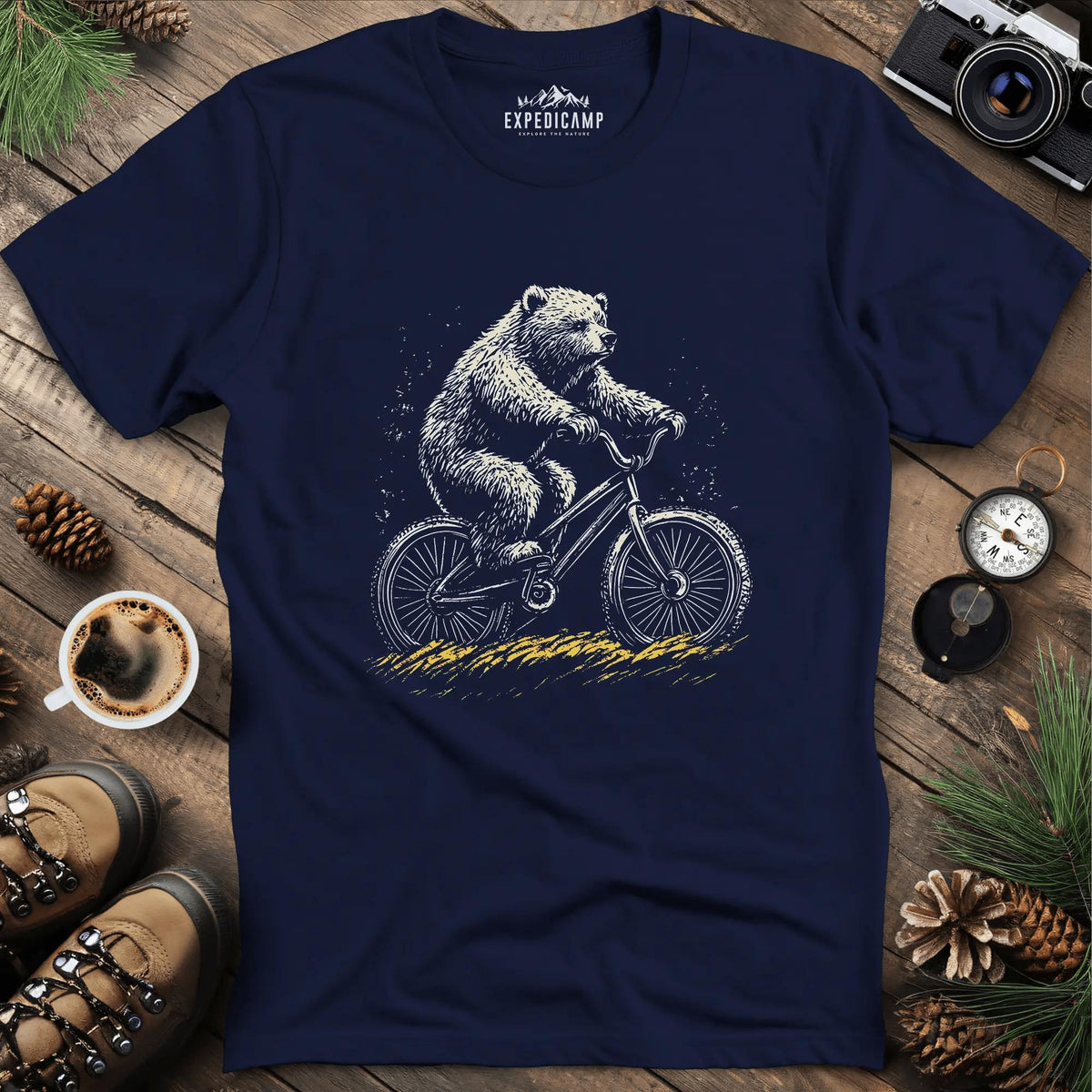 Cycling Bear Adventure T-Shirt – Navy – Outdoor apparel for travel, hiking, camping, and nature lovers – ExpediCamp
