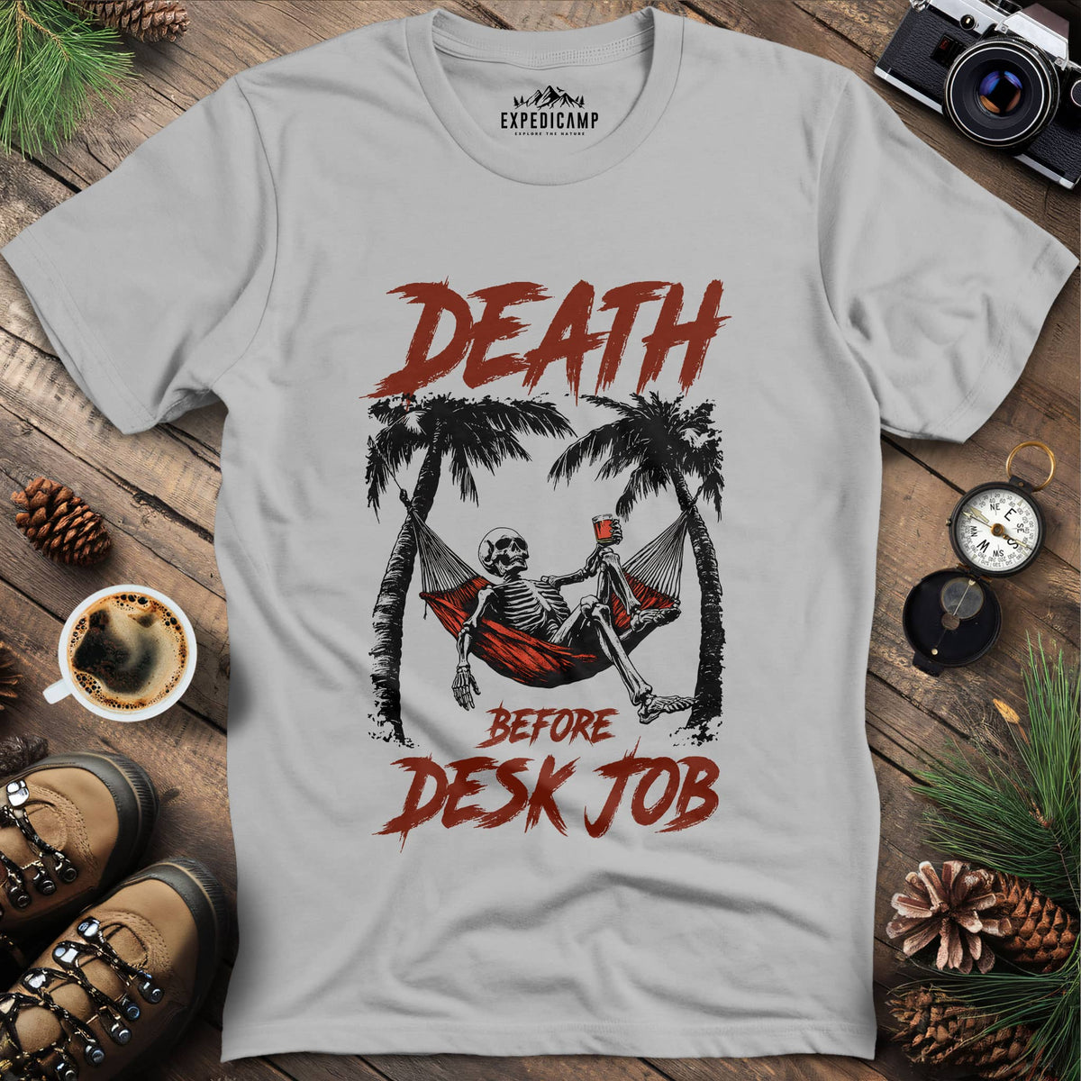 Death Before Desk Job T-Shirt – Ice Grey – Outdoor apparel for travel, hiking, camping, and nature lovers – ExpediCamp