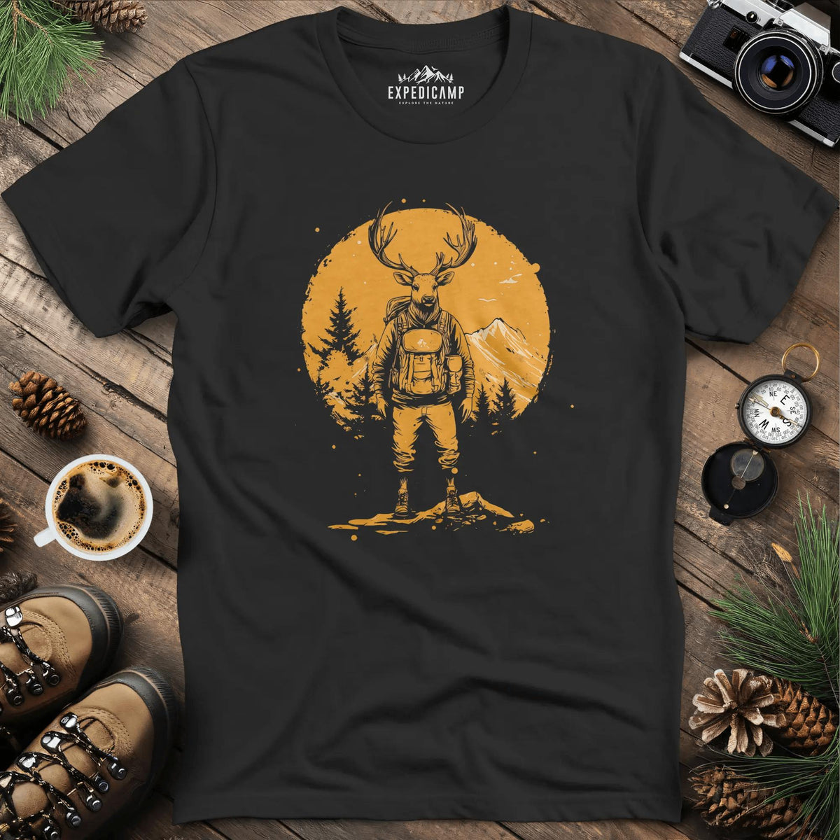 Deer Hiker T-Shirt – Graceful Adventurer – Black – Outdoor apparel for travel, hiking, camping, and nature lovers – ExpediCamp