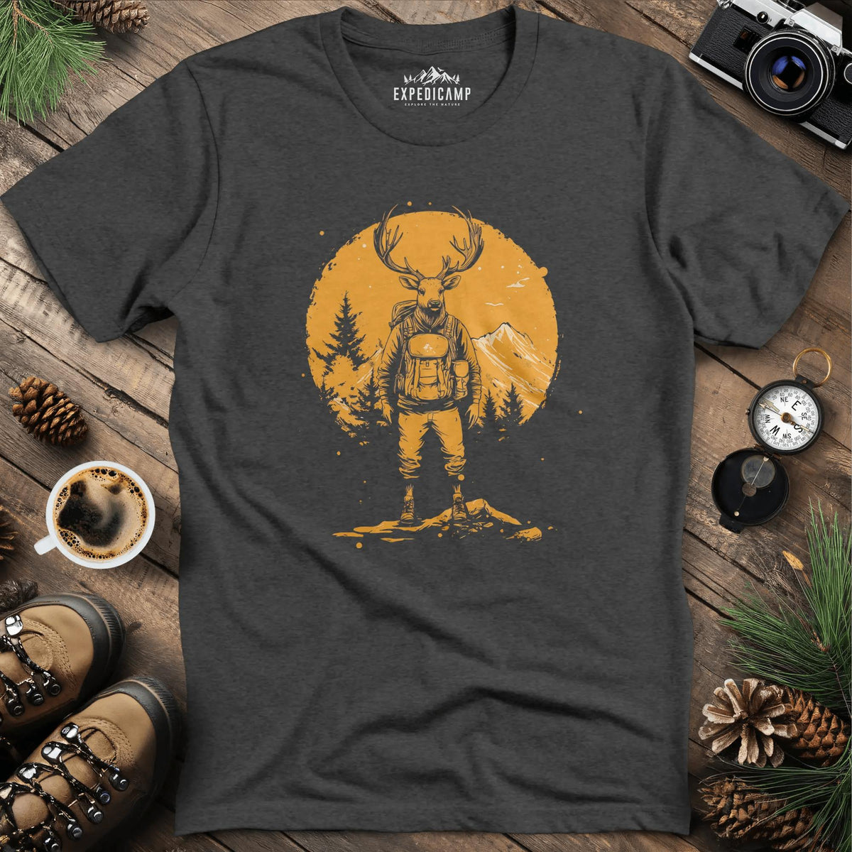 Deer Hiker T-Shirt – Graceful Adventurer – Dark Heather – Outdoor apparel for travel, hiking, camping, and nature lovers – ExpediCamp