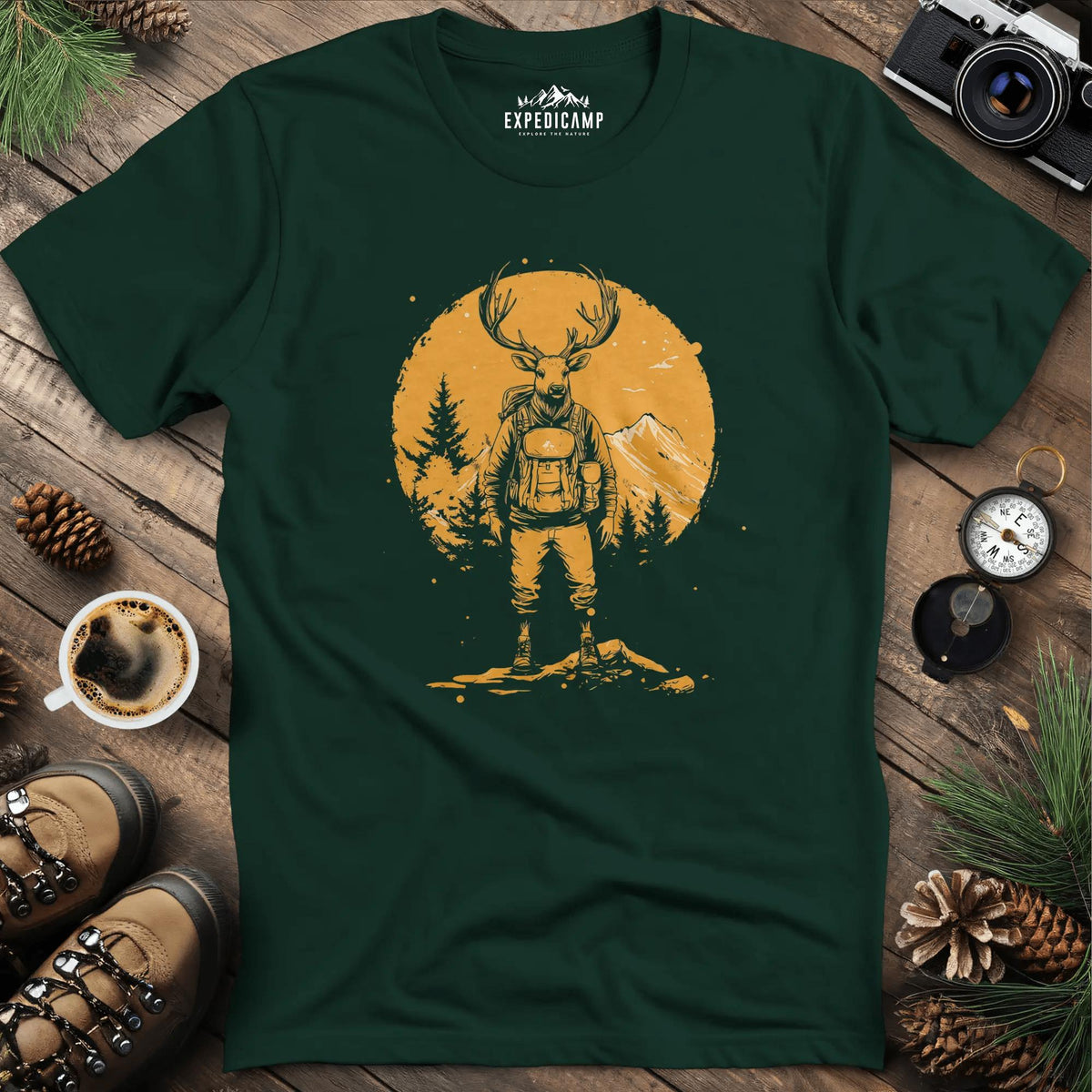 Deer Hiker T-Shirt – Graceful Adventurer – Forest Green – Outdoor apparel for travel, hiking, camping, and nature lovers – ExpediCamp