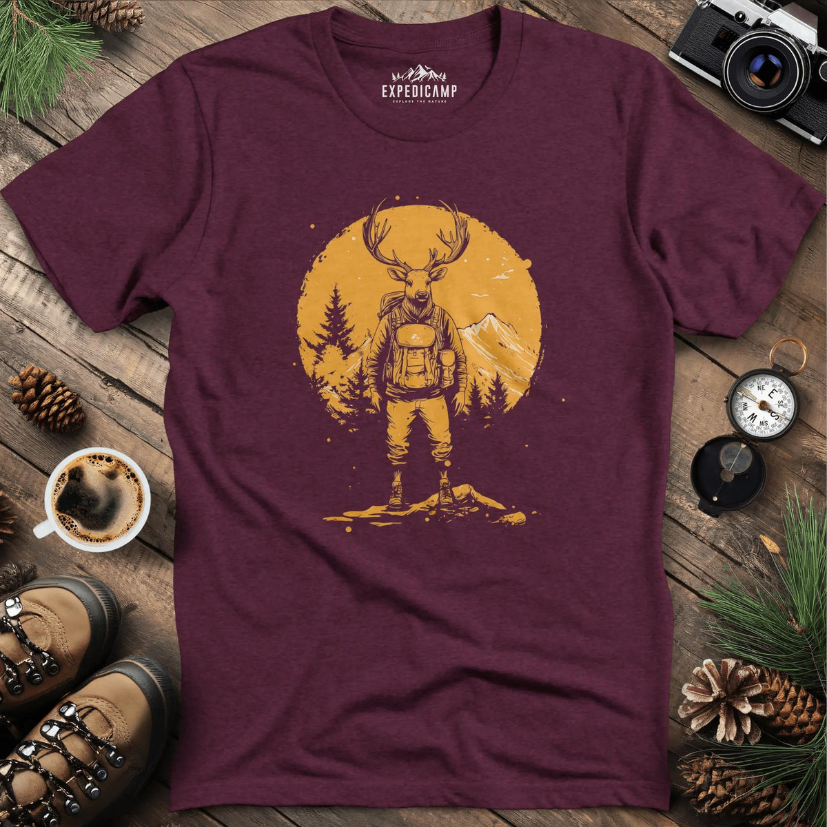 Deer Hiker T-Shirt – Graceful Adventurer – Heather Maroon – Outdoor apparel for travel, hiking, camping, and nature lovers – ExpediCamp