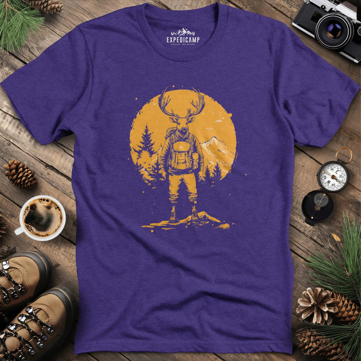 Deer Hiker T-Shirt – Graceful Adventurer – Heather Purple – Outdoor apparel for travel, hiking, camping, and nature lovers – ExpediCamp