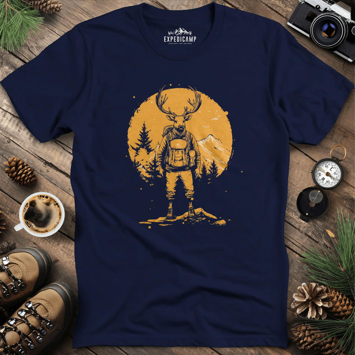 Deer Hiker T-Shirt – Graceful Adventurer – Navy – Outdoor apparel for travel, hiking, camping, and nature lovers – ExpediCamp