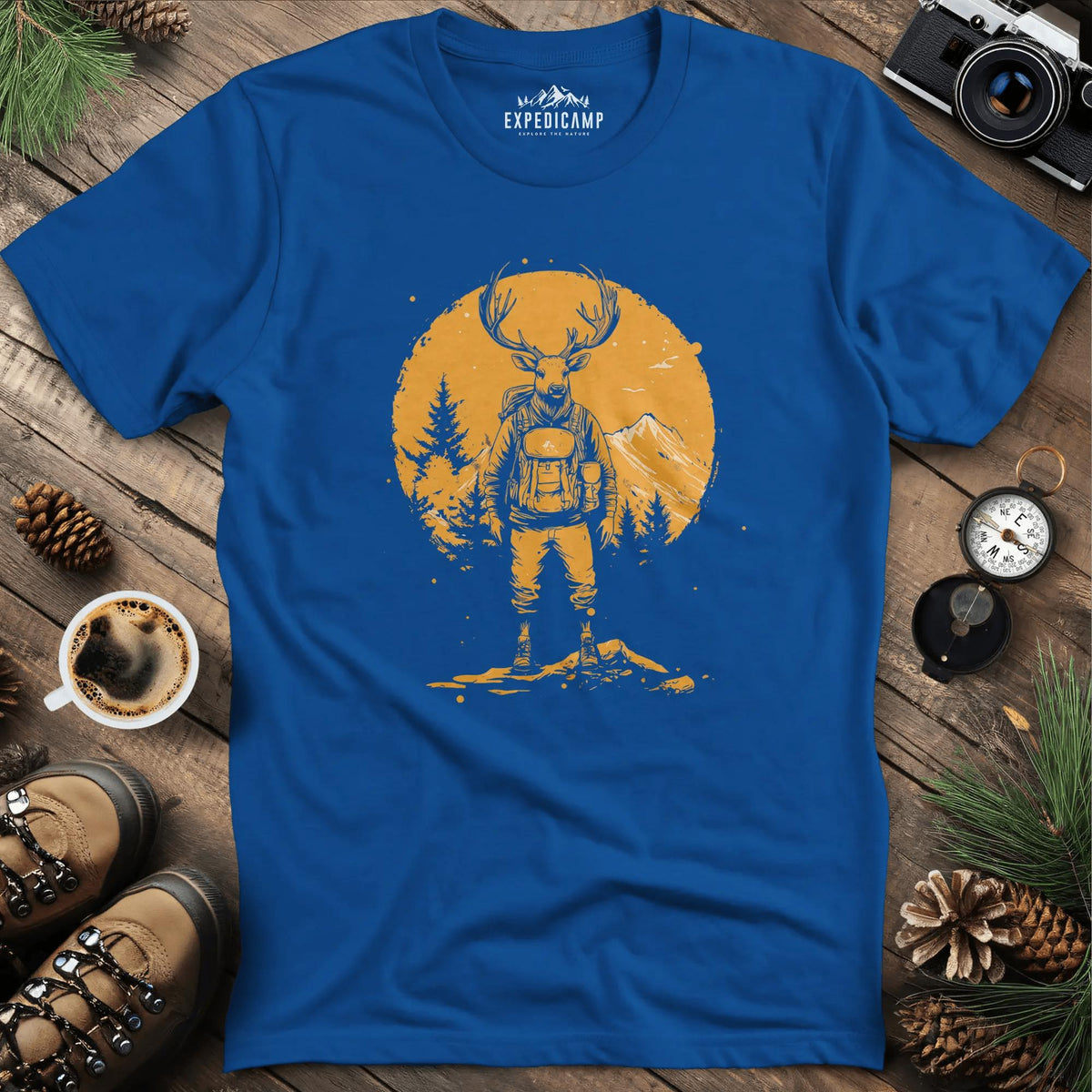 Deer Hiker T-Shirt – Graceful Adventurer – Royal – Outdoor apparel for travel, hiking, camping, and nature lovers – ExpediCamp