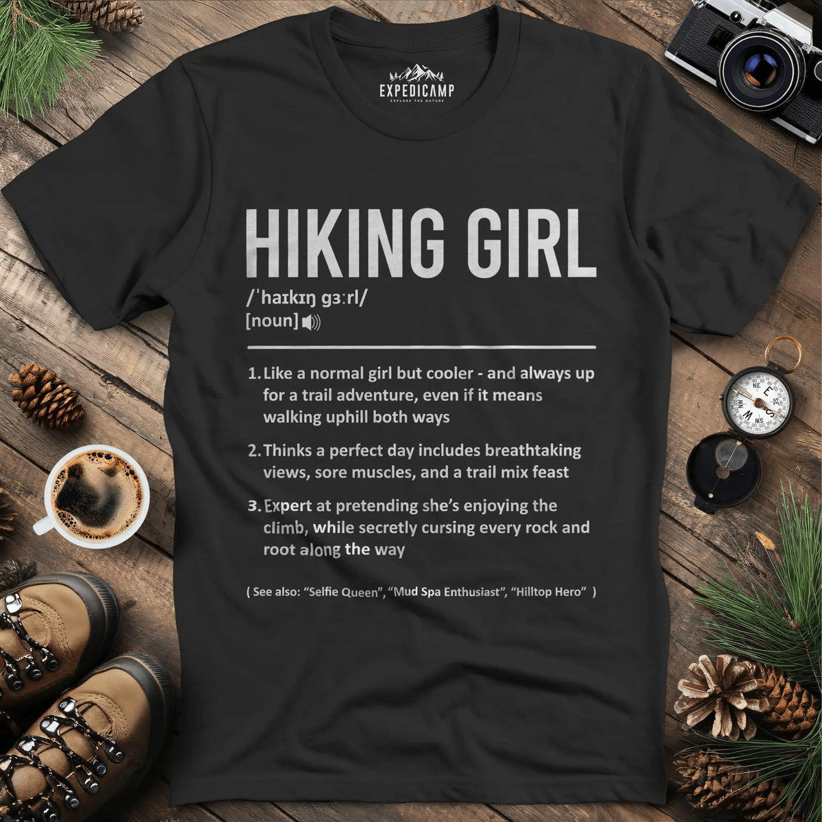 Definition Hiking Girl – Black – Outdoor apparel for travel, hiking, camping, and nature lovers – ExpediCamp