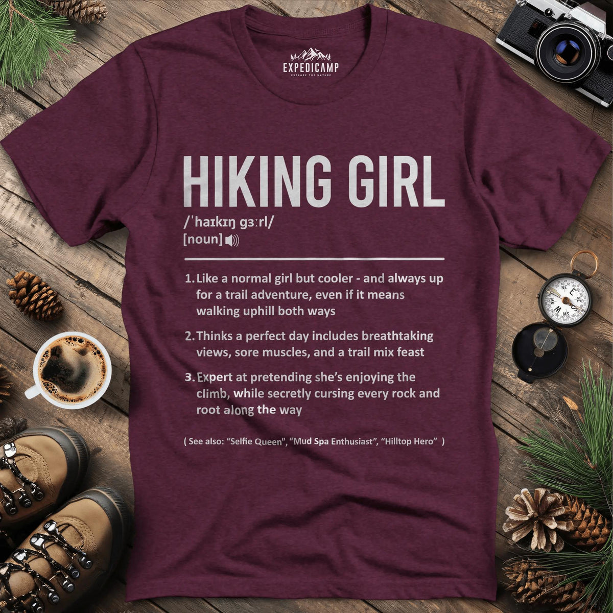 Definition Hiking Girl – Heather Maroon – Outdoor apparel for travel, hiking, camping, and nature lovers – ExpediCamp