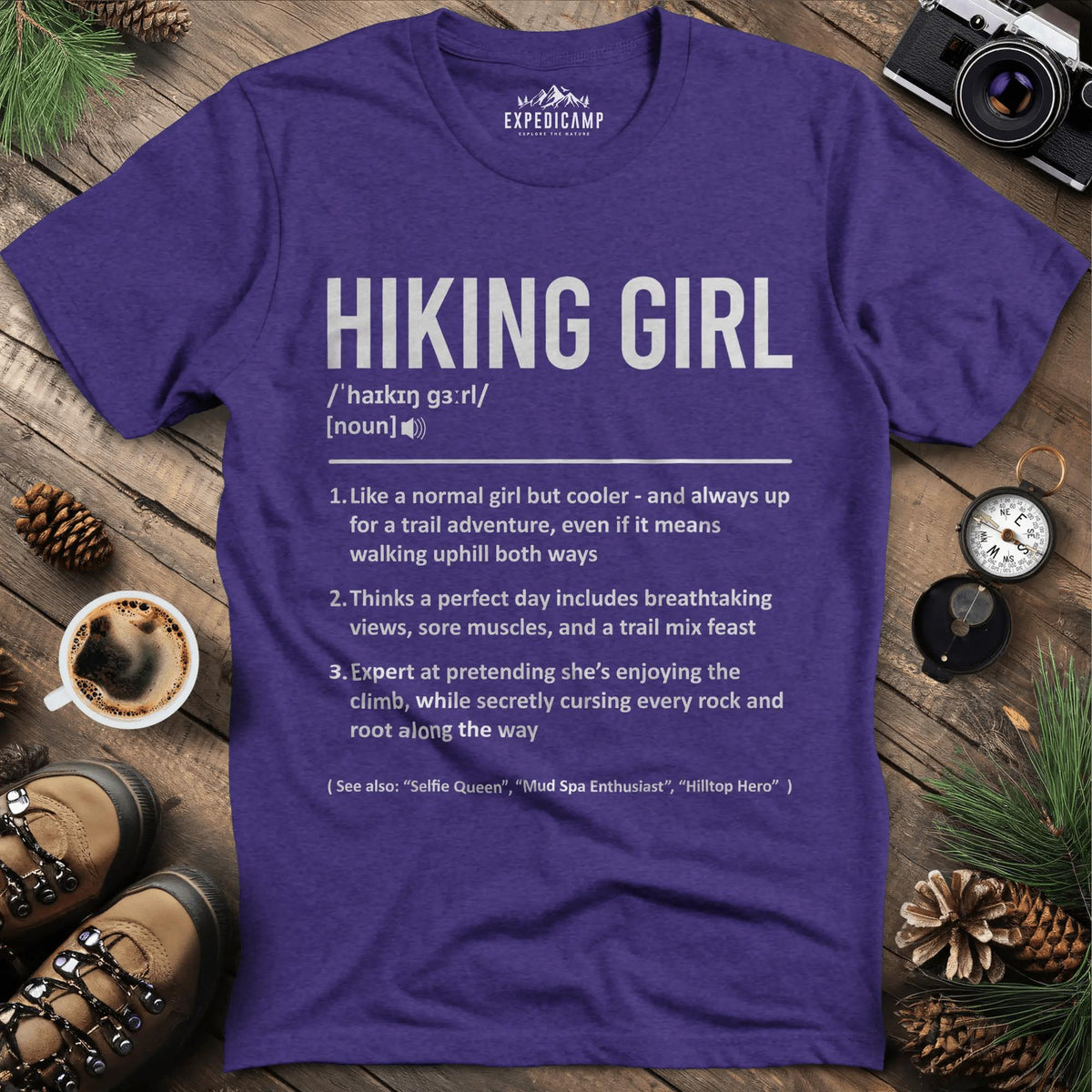 Definition Hiking Girl – Heather Purple – Outdoor apparel for travel, hiking, camping, and nature lovers – ExpediCamp